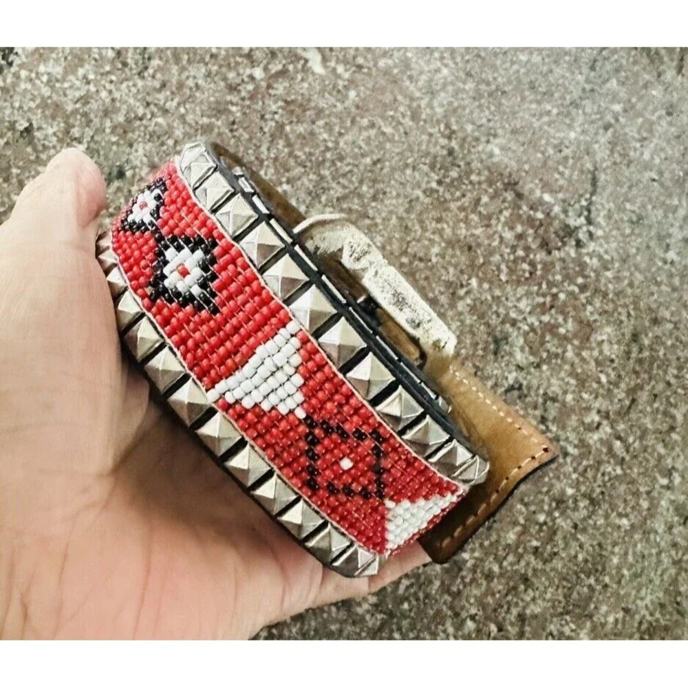 Vintage Gorgeous laced‎ Beaded Leather Belt 28 Long   Blue And Red All Beaded